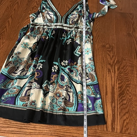 I.C.E Blue and Black Plunge V Neck back satin paisley Sleeveless Dress belted 10 - Picture 12 of 14